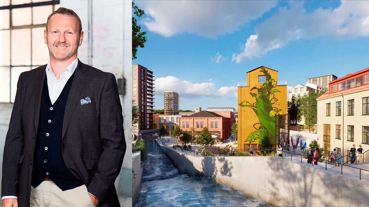 På bild: Bjarne Fjellanger och visionsbild över Forsåker. Bild från MölnDala Fastighets AB och TMRW