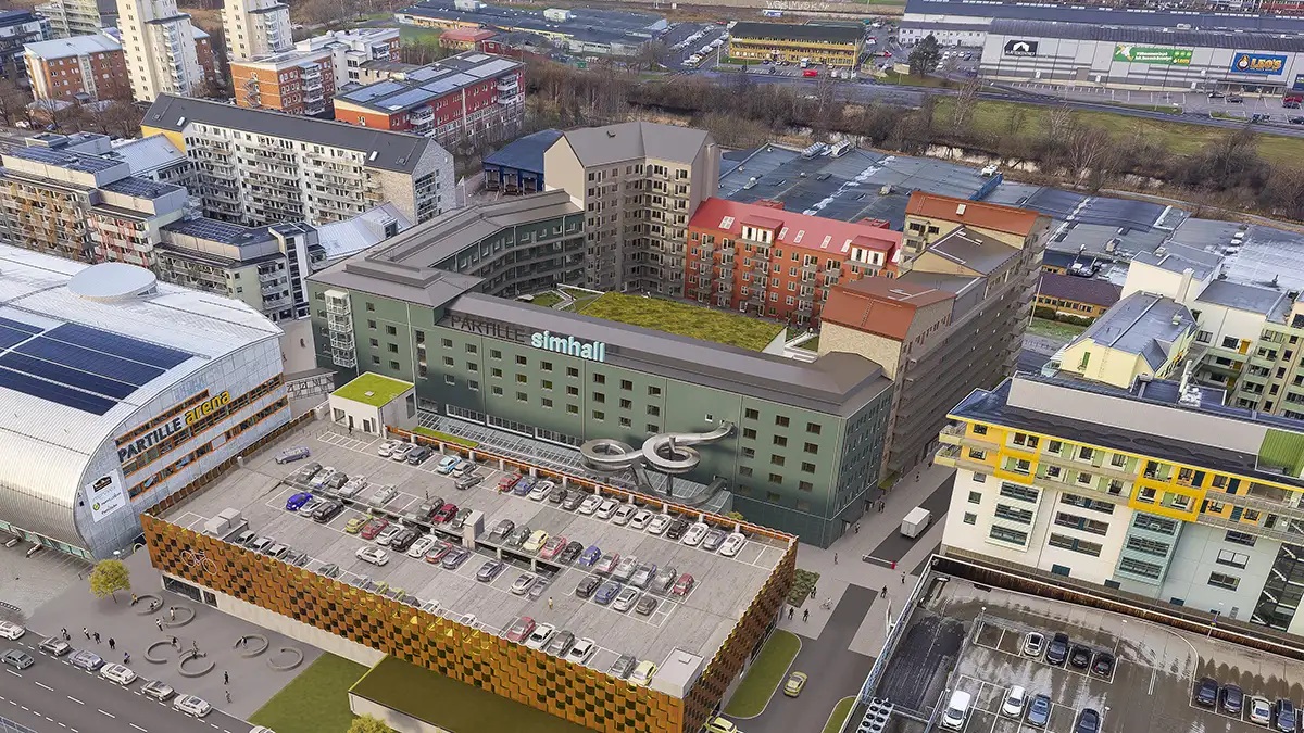 Simhallskvarteret kvarteret sett från sydöst.