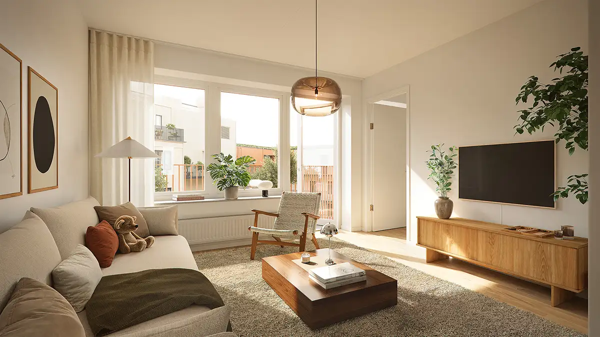 Vardagsrum mot den gröna innergården, 4:a på 83 kvm